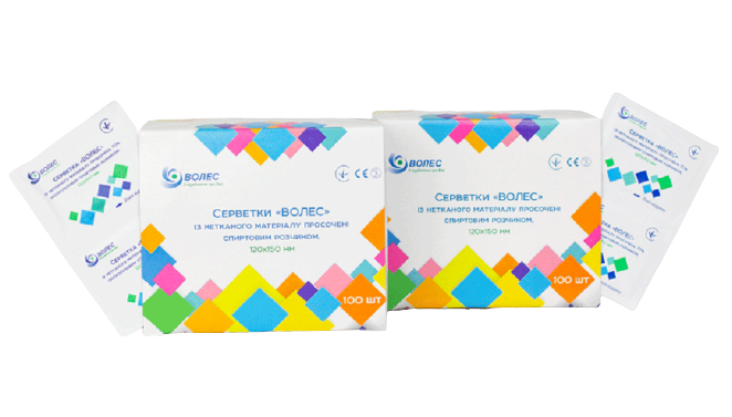 Серветки спиртові "Волес" 120x150 мм, просочені 70% ізопропиловим спирт. розч.